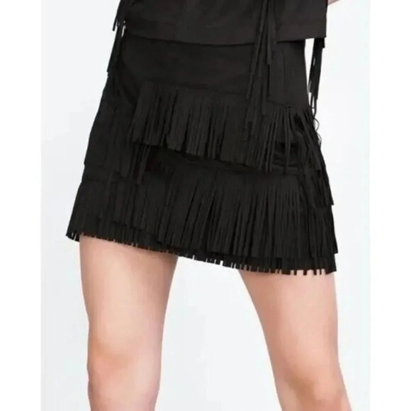 Zara Black Suede Fringe Mini Skirt S - Picture 1 of 4